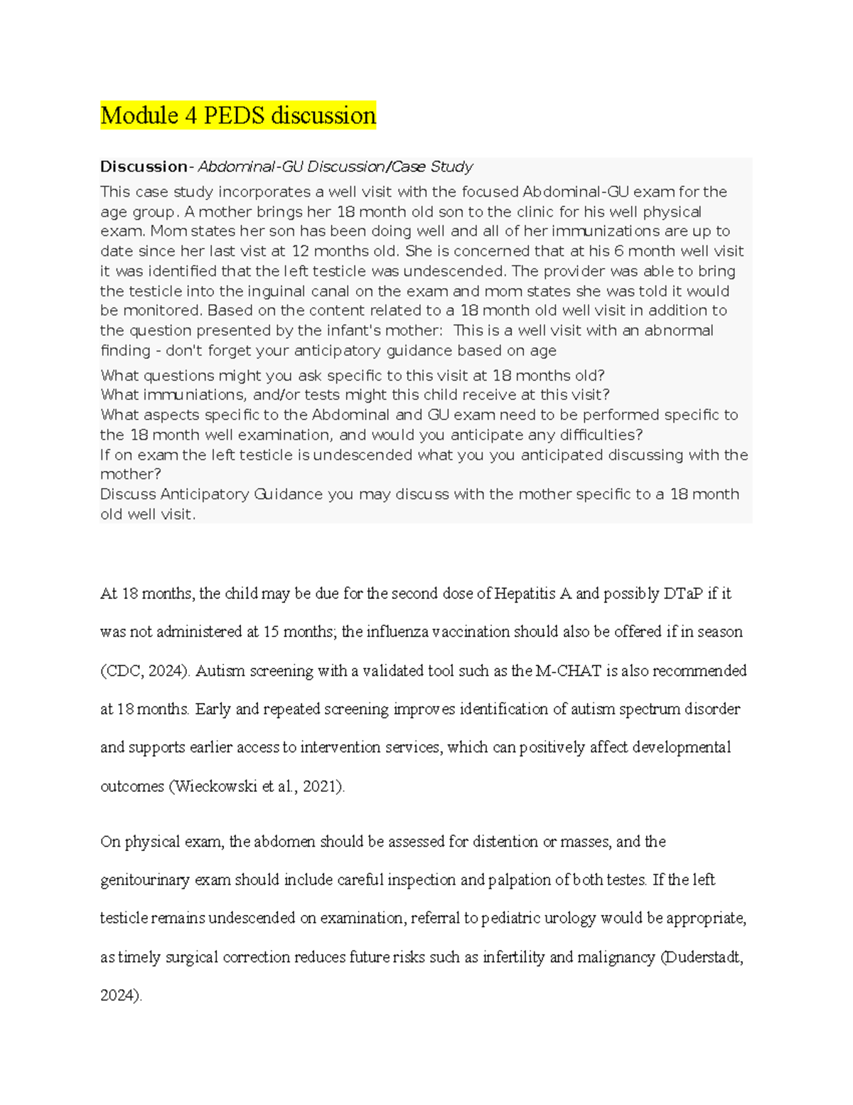 PEDS Module 4 Case Study: 18-Month Well Visit Discussion - Studocu