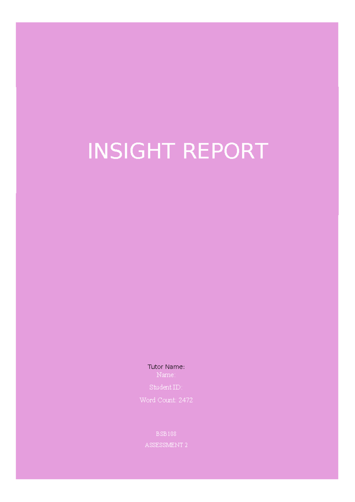 BSB108 A2 - INSIGHT REPORT Tutor Name: Name: Student ID: Word Count ...