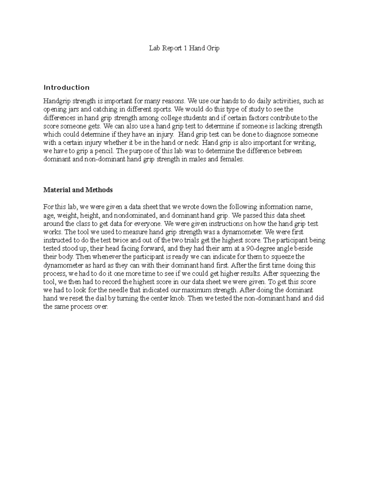 HP 399 Lab #1 Report: Analysis of Isometric Handgrip Strength - Studocu