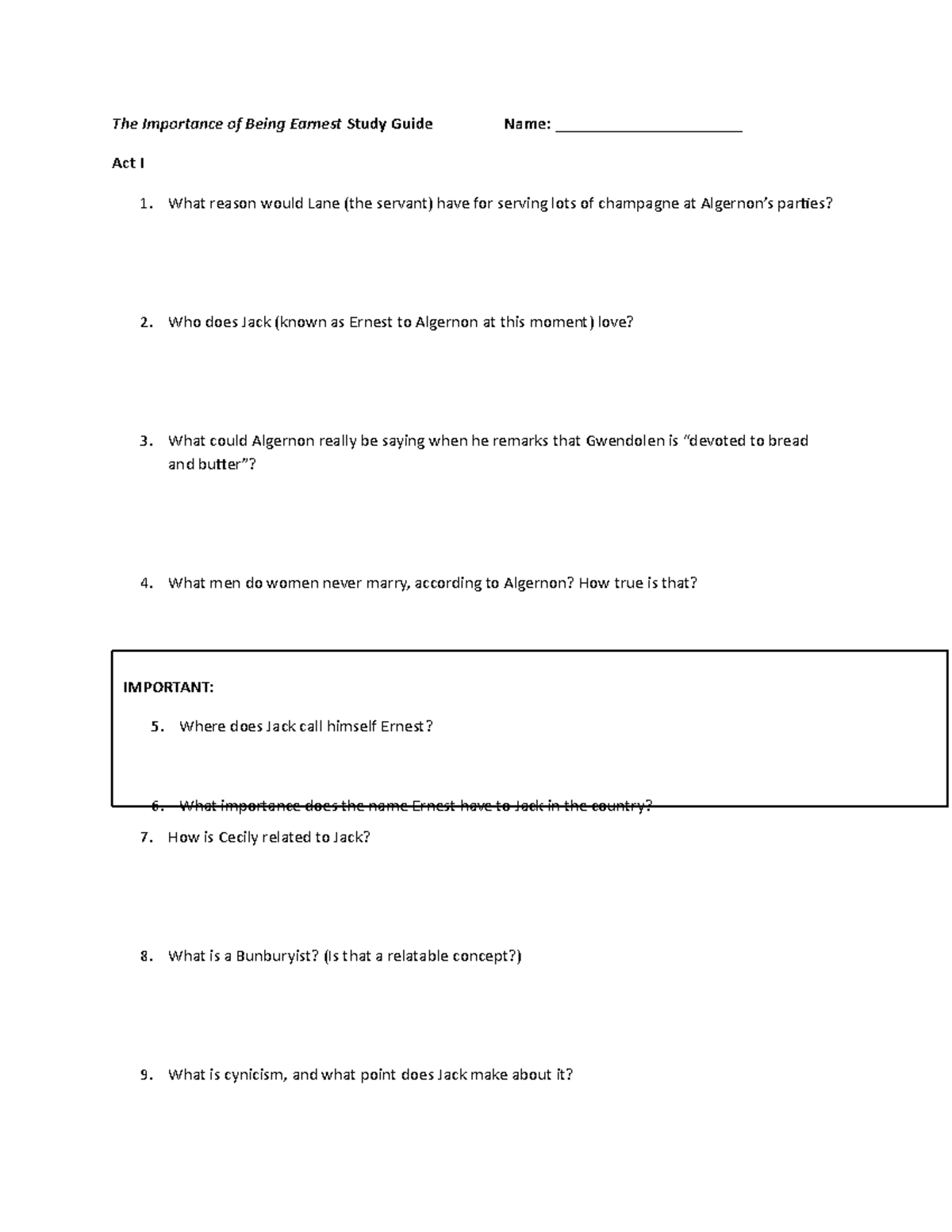Earnest Study Guide Act 1 - The Importance of Being EarnestAct I Study ...
