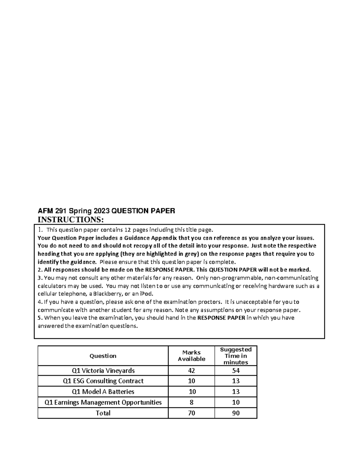 AFM 291 Spring 2023 Midterm Exam Question Paper and Instructions - Studocu