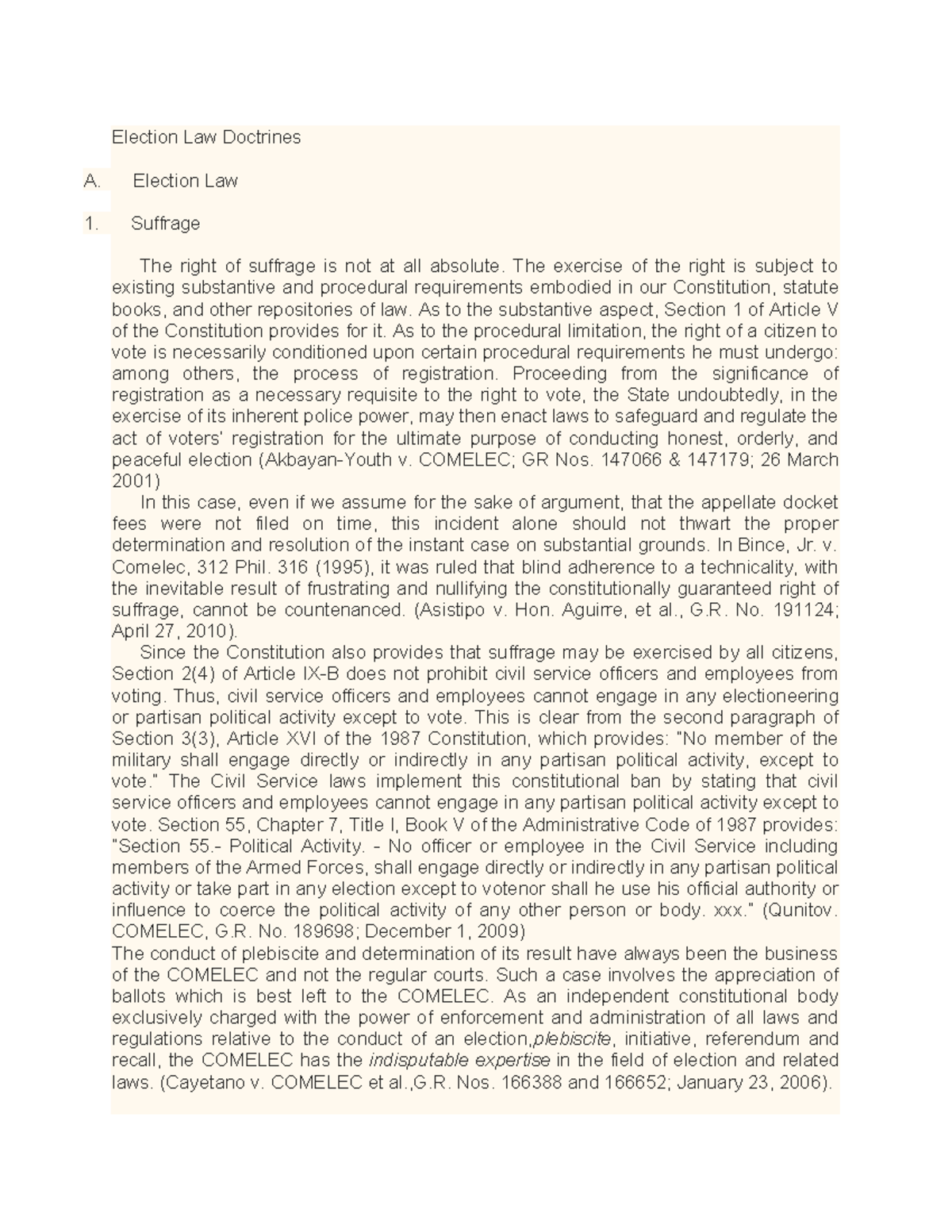 Election Law Doctrines: Key Principles and Case Summaries (259560059 ...