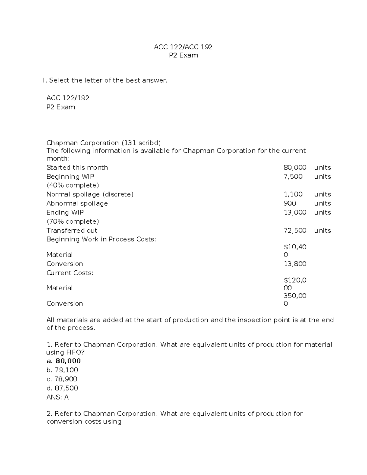 ACC 122 P2 Exam Solutions and Key Concepts - Studocu
