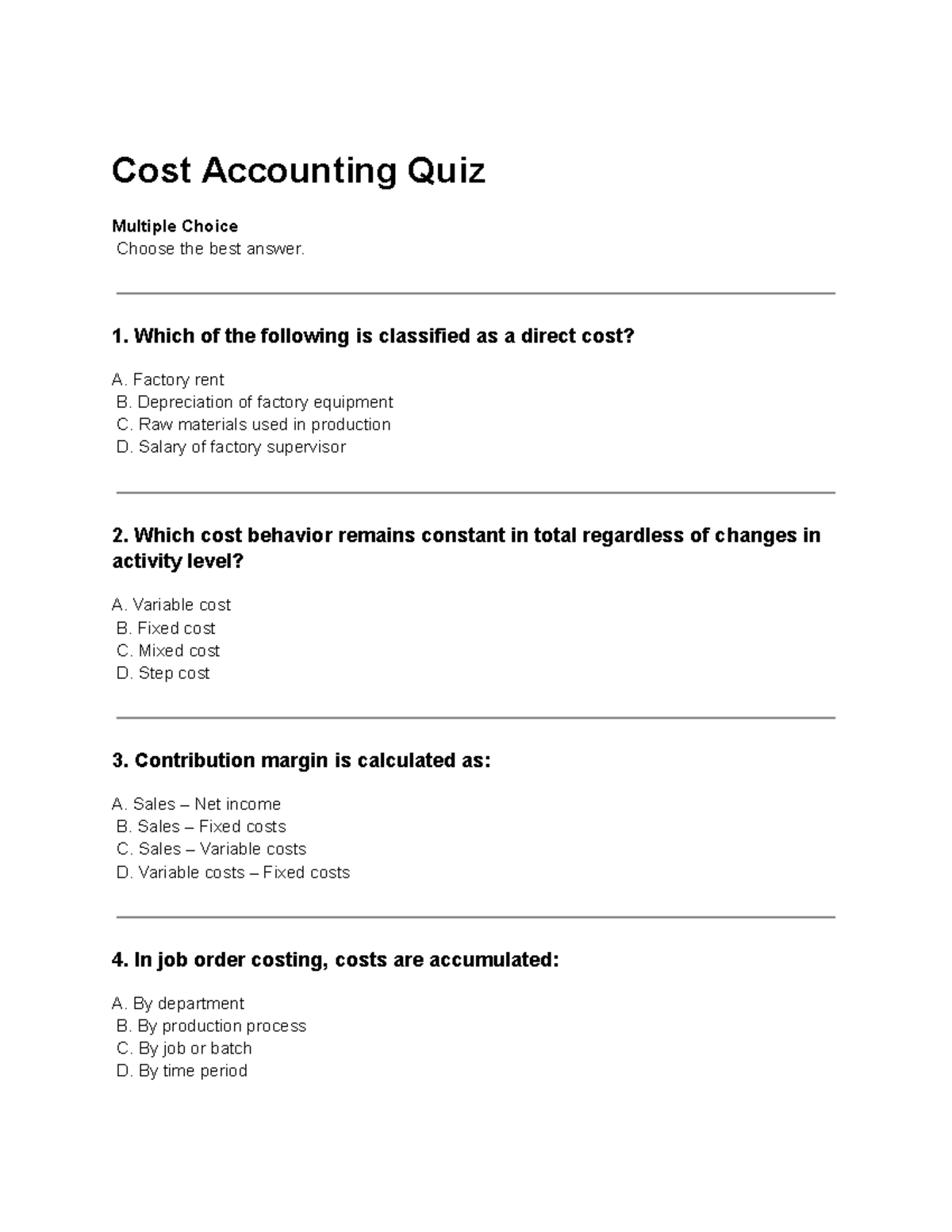 Cost Accounting Quiz (CA 101) - Multiple Choice Practice - Studocu