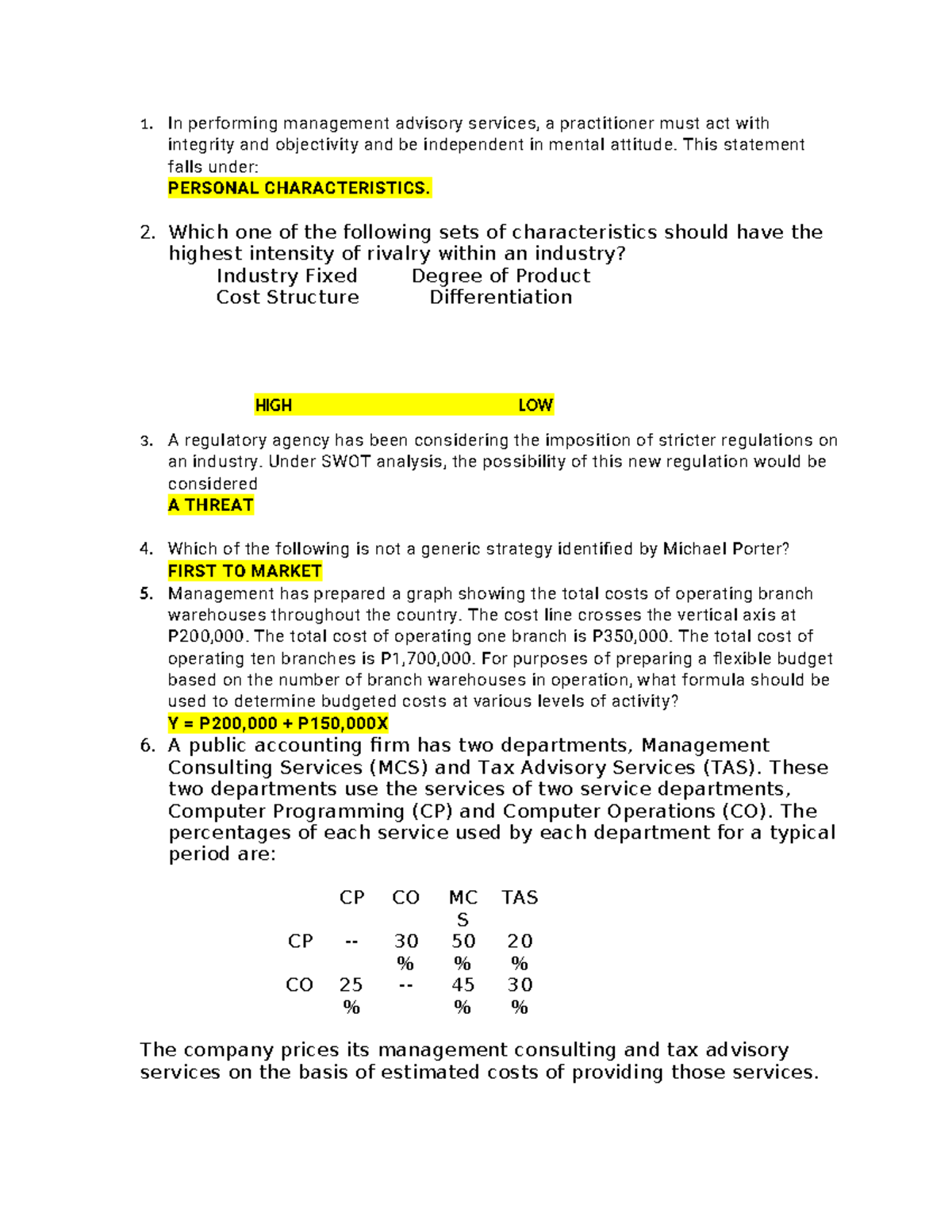 Integrated Accounting Review - Management Advisory Services (MAS) - Studocu