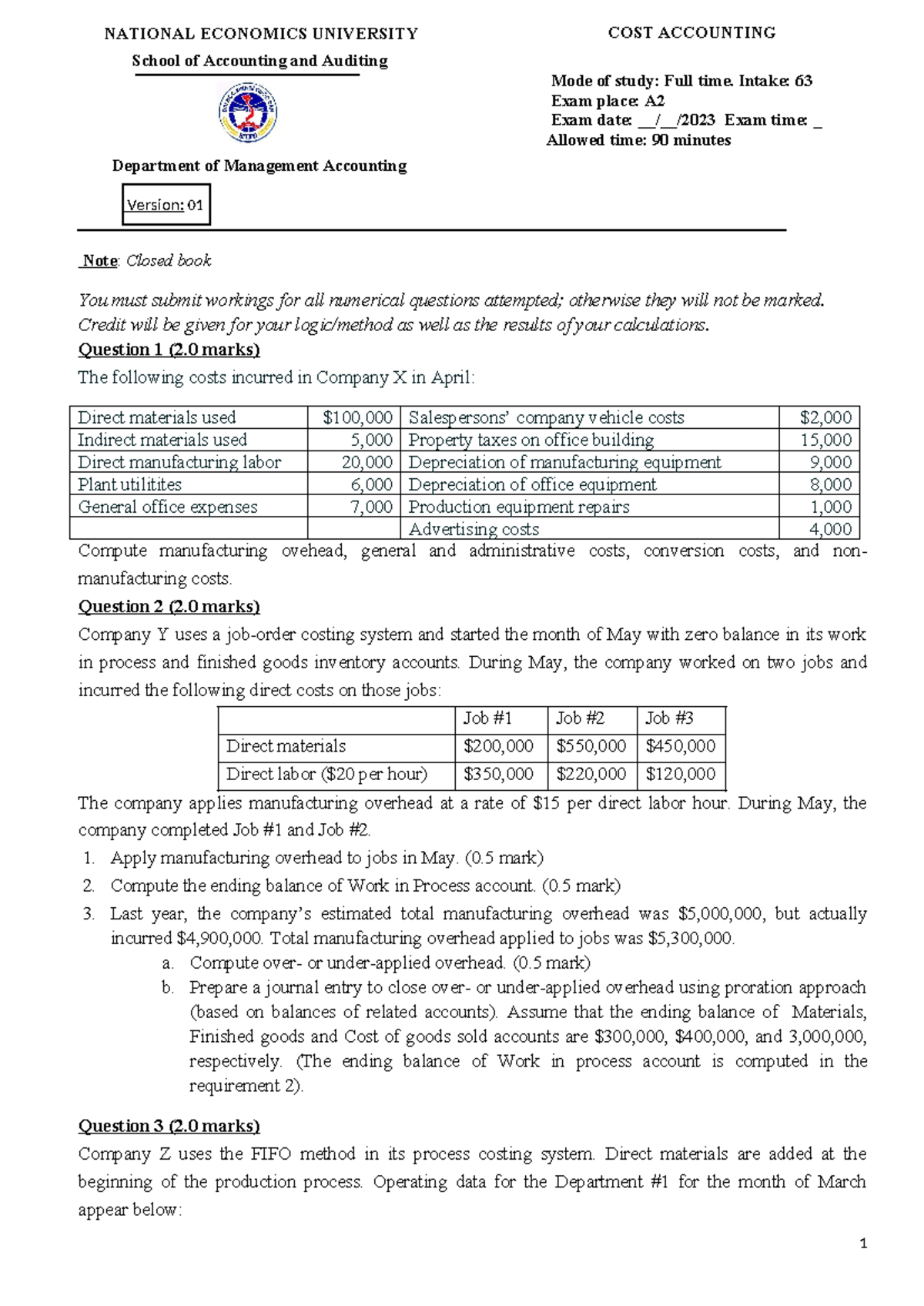 Mock Exam - Cost Accounting - 2023 - Studocu