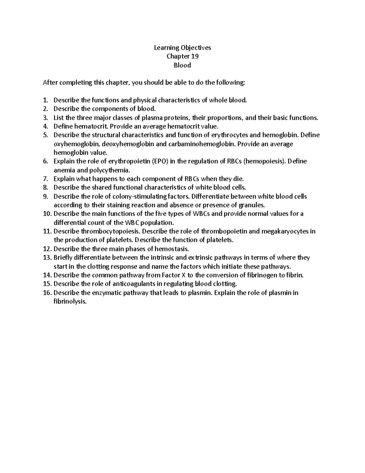Chapter 19 Notes - Learning Objectives Chapter 19 Blood After ...