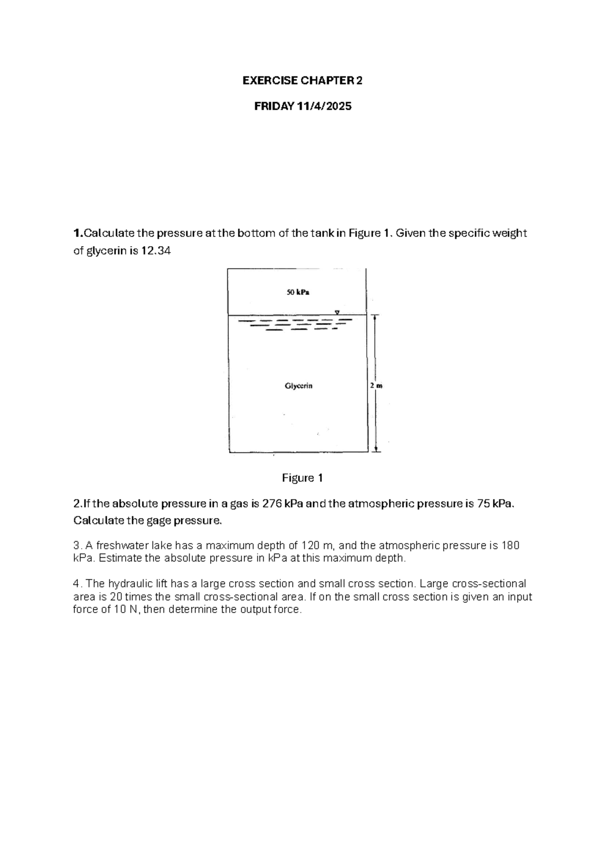 Exercise Chapter 2: Fluid Pressure Calculations 2025 - Studocu