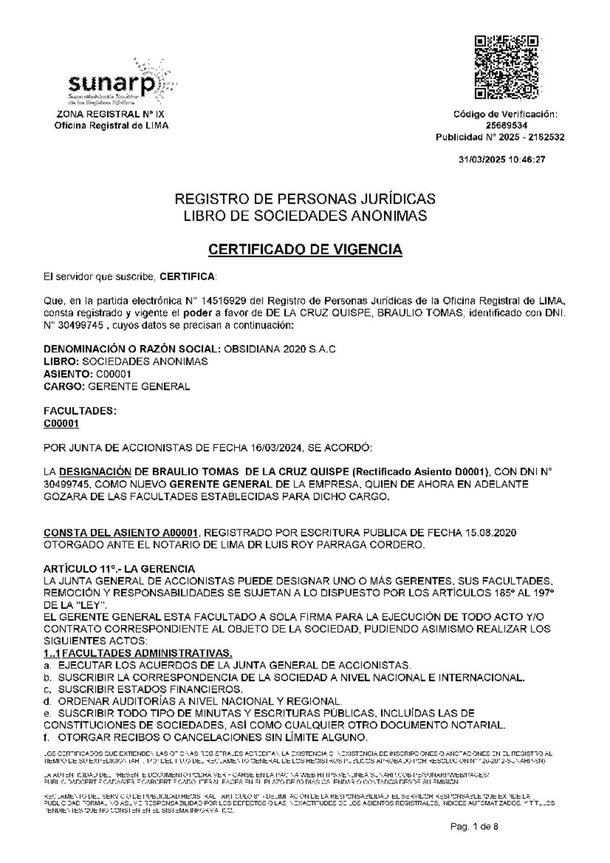Certificado de Vigencia de Poder - SUNARP ZONA REGISTRAL IX - Document Preview