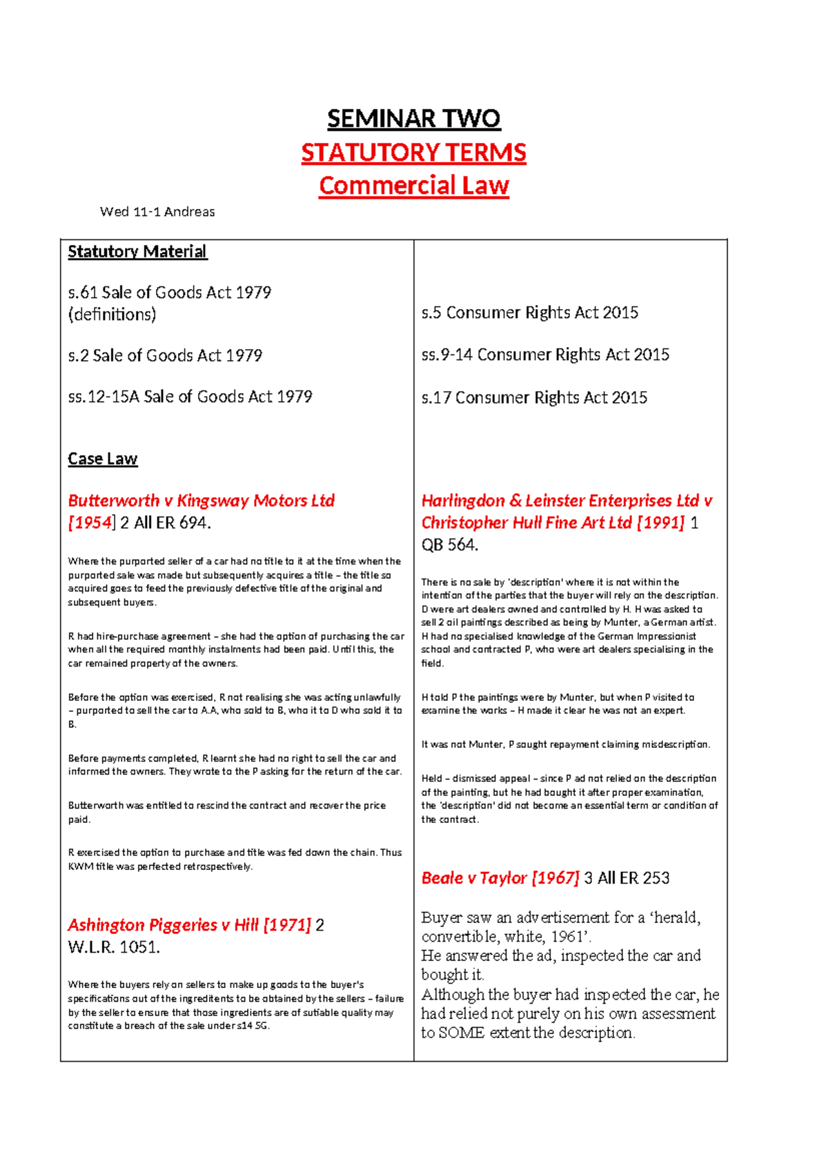 Seminar 2 Statutory Terms: Key Insights on Commercial Law and Statutory ...
