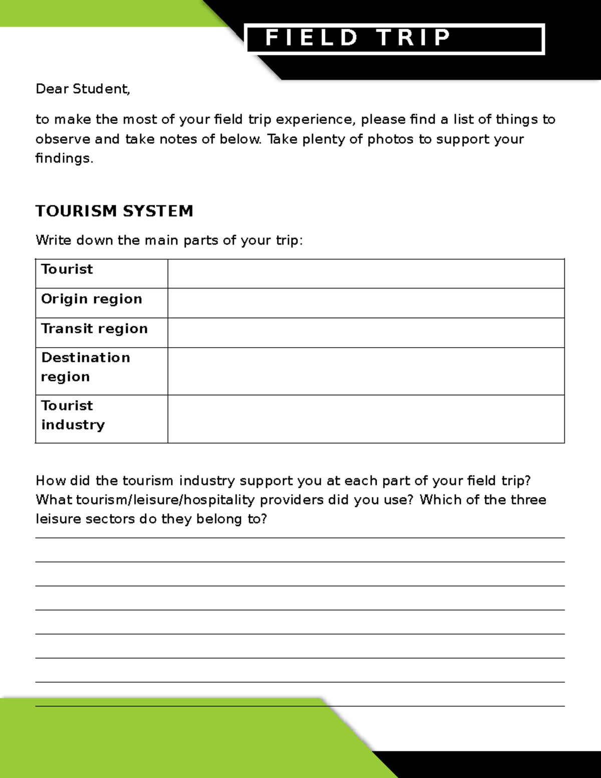 Field Trip Handout: Observations & Impacts in Tourism System - Studocu