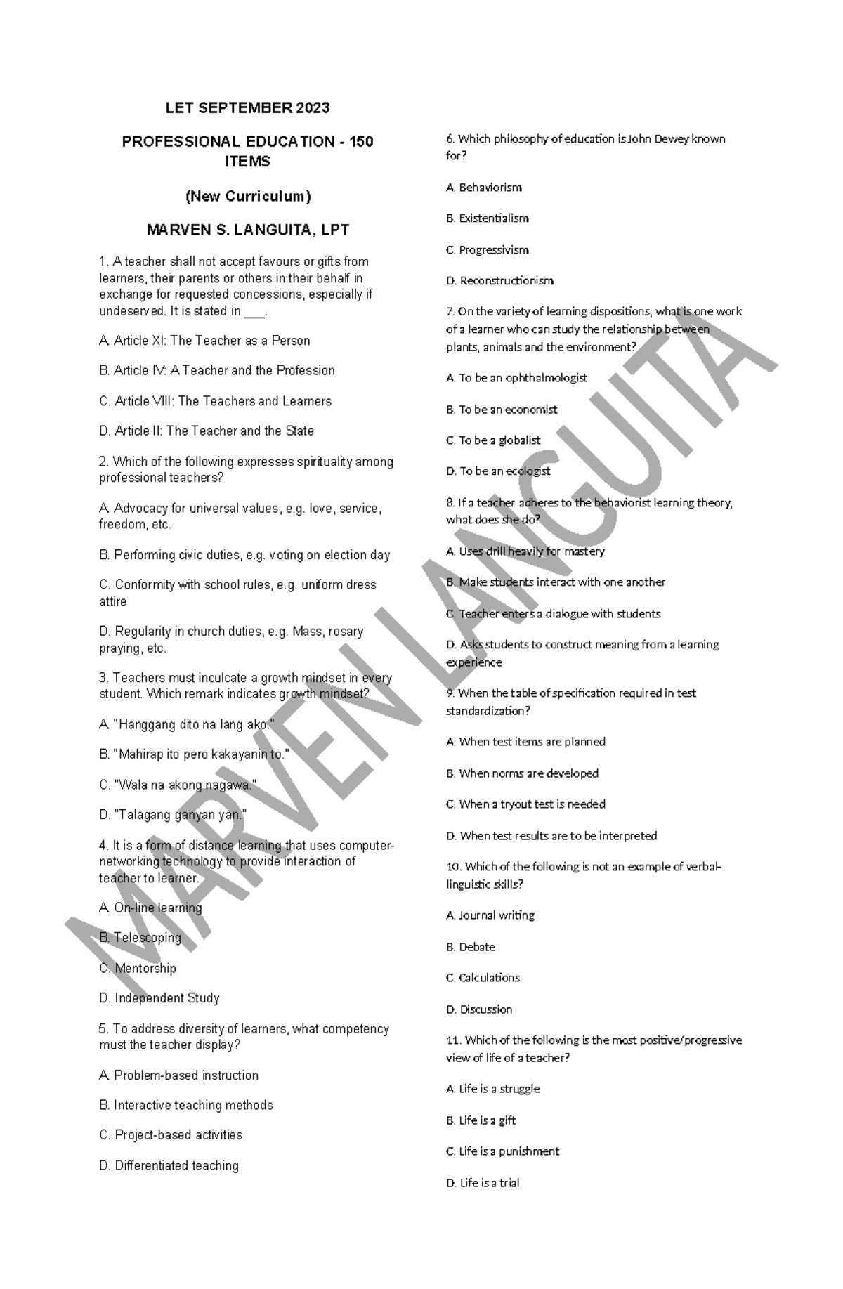 Professional Education LET 150 Items - September 2023 Exam Guide - Studocu