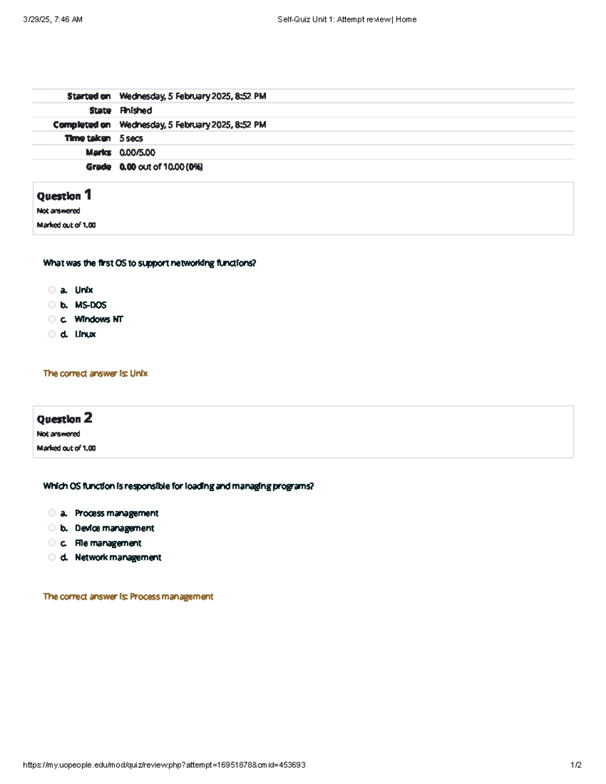 Self-Quiz Unit 1 Attempt review Home - Started on Wednesday, 5 February ...