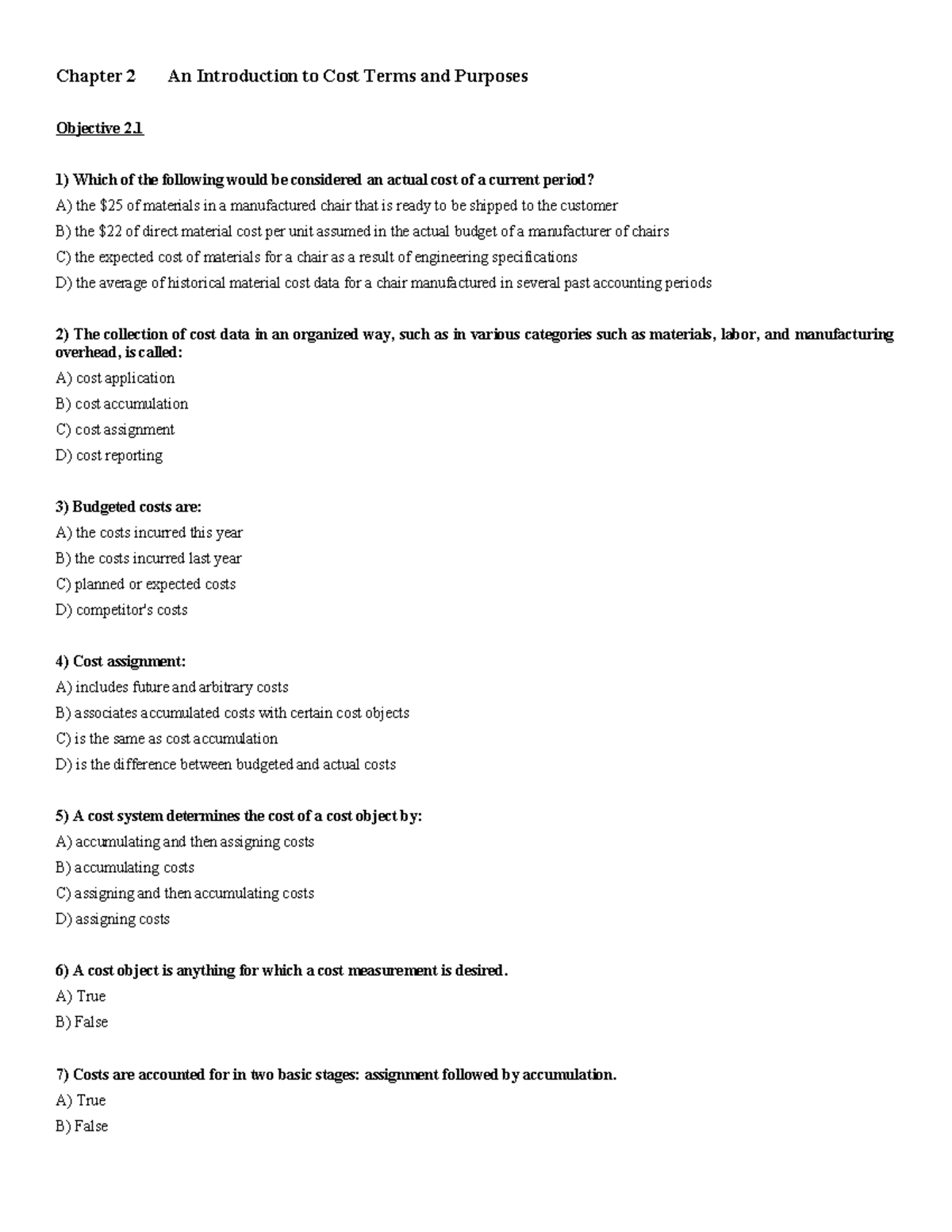 Chapter 2: Cost Terms & Purposes - CA MCQ Study Guide - Studocu