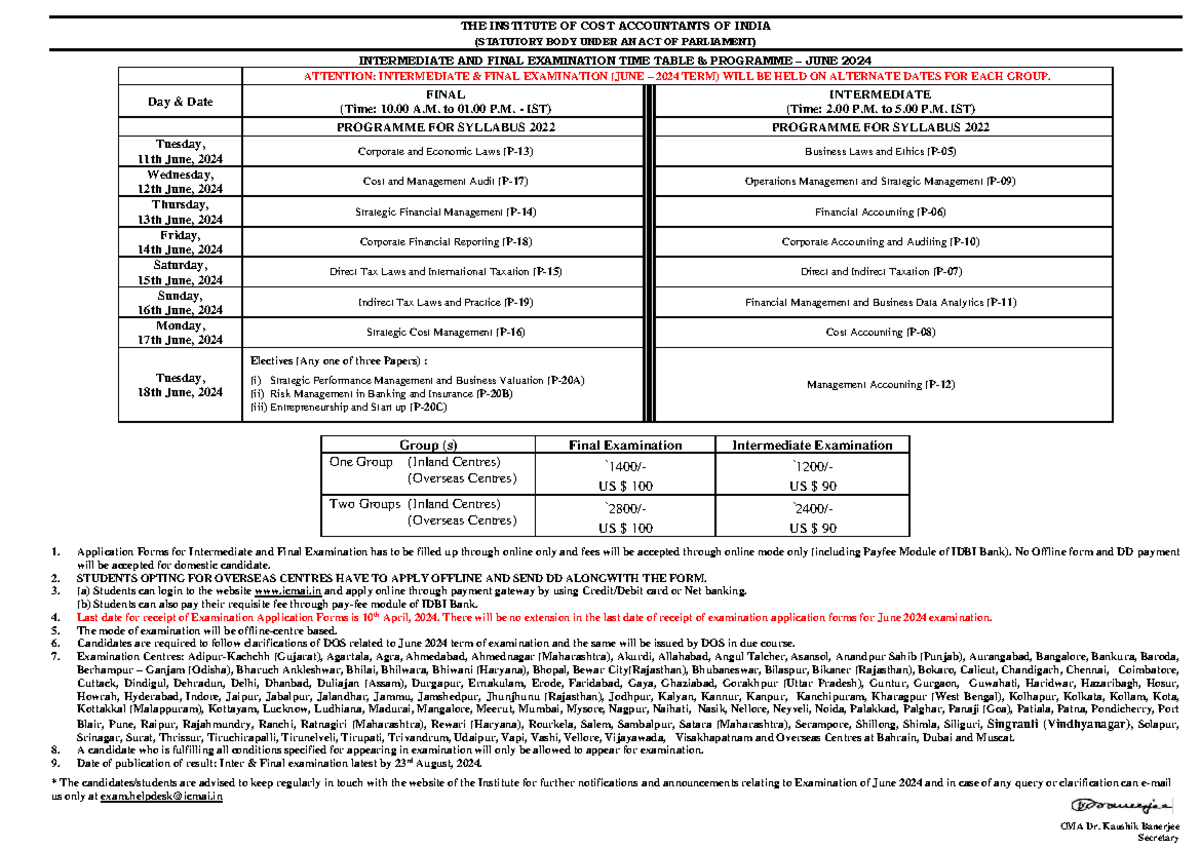 CMA Intermediate & Final Exam Time Table June 2024 - Studocu