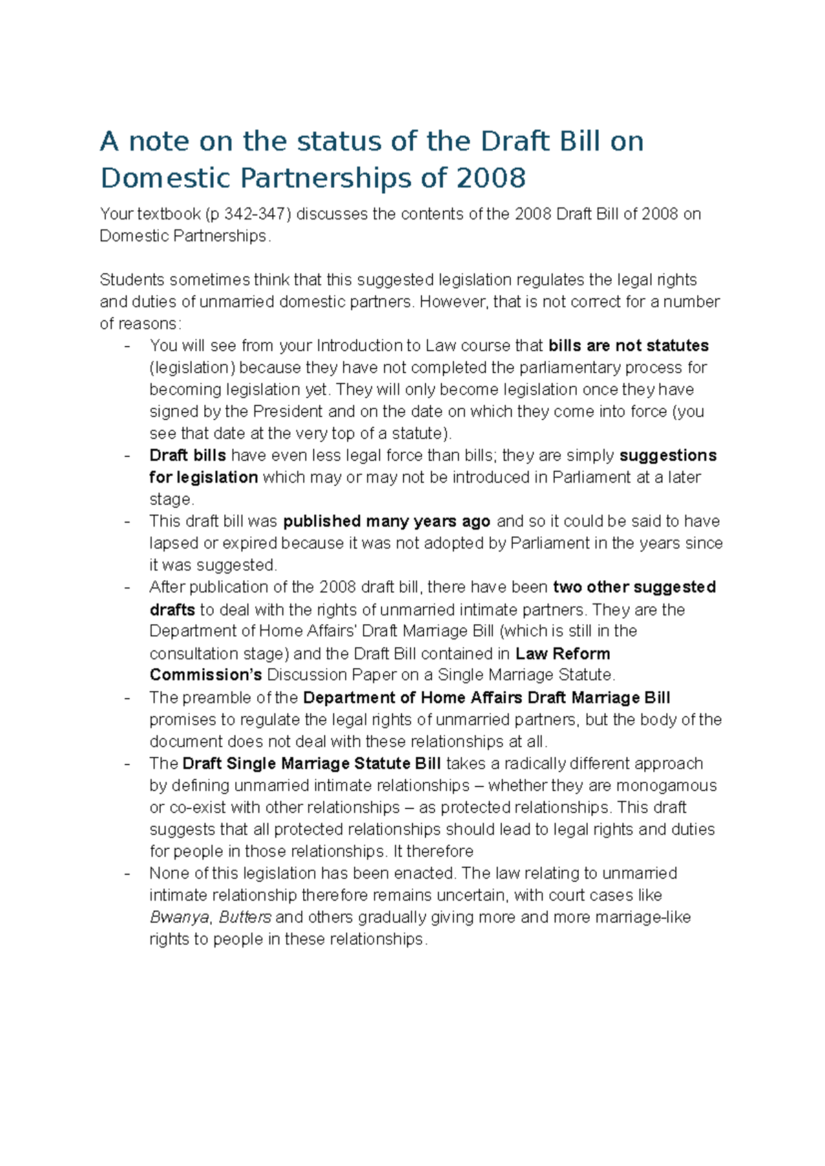 DOM 2008 Draft Bill on Domestic Partnerships: Legal Insights - Studocu