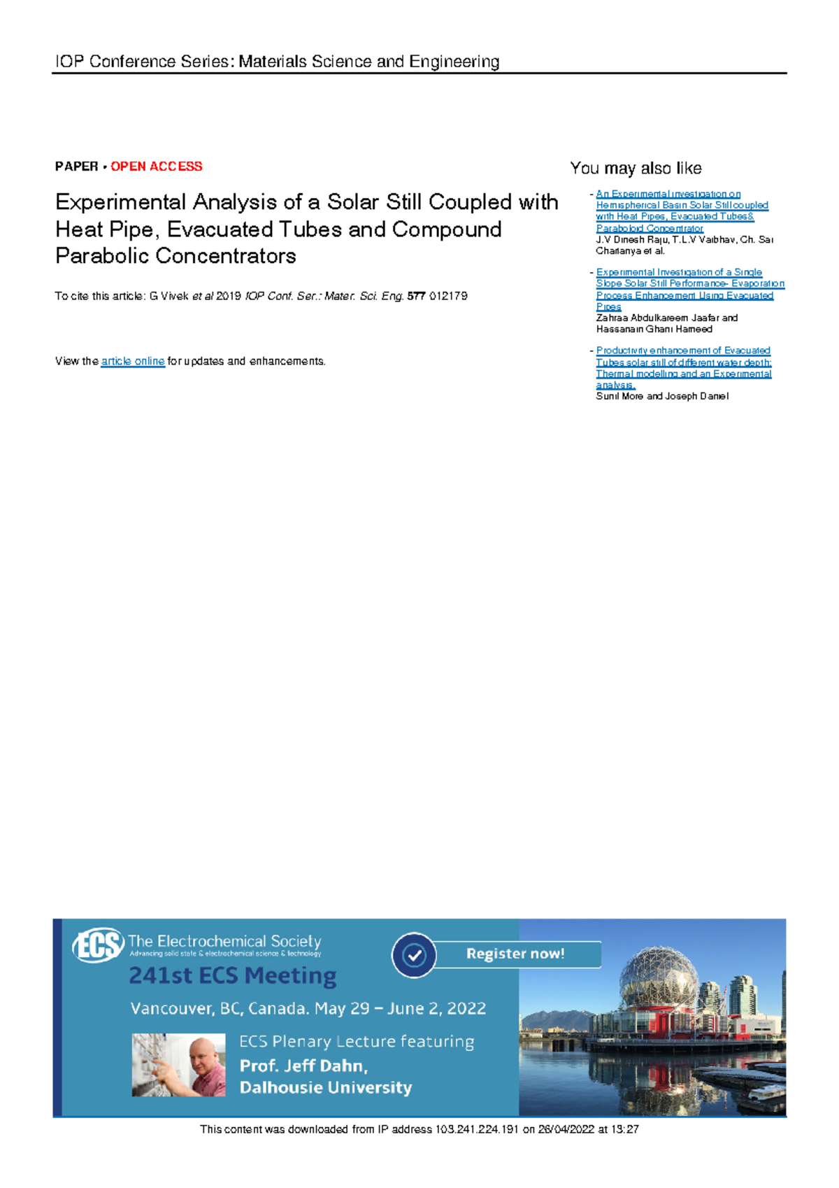 Solar still design specification and experimental analysis report - IOP ...