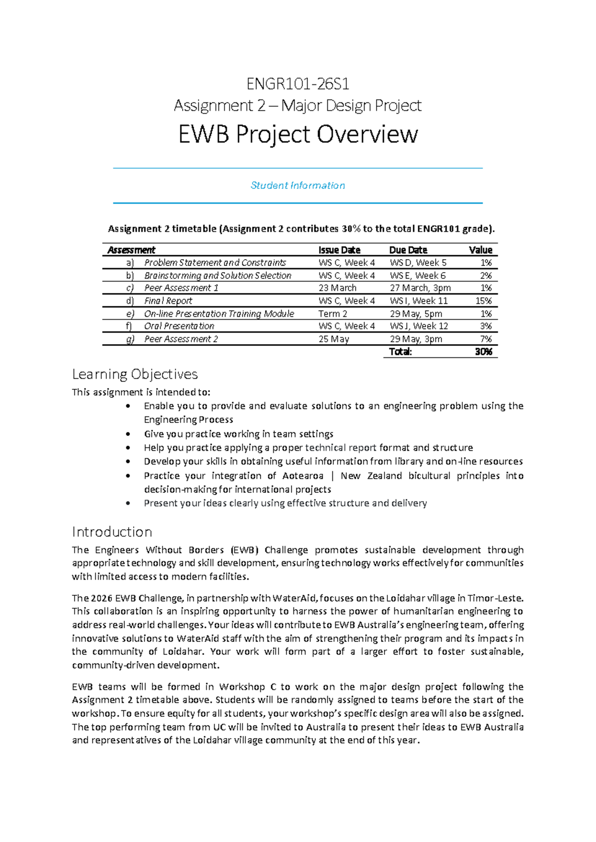 ENGR101 Assignment 2: EWB Project Overview and Team Collaboration Guide ...