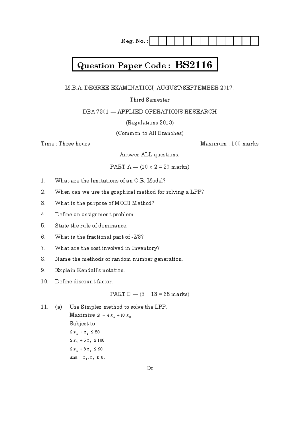 DBA7301 - MBA Final Exam Question Paper BS2116, 2017 - Studocu