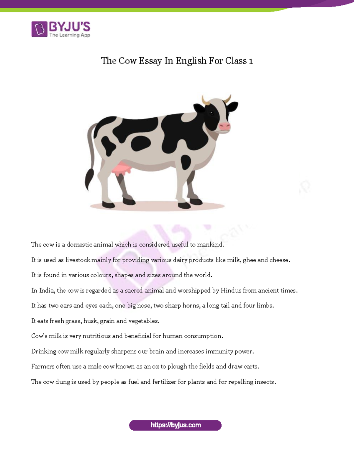 Cow Essay for Class 1: Importance and Benefits of Cows - Studocu