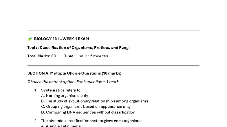 BIOLOGY 101 WEEK 1 & 2 EXAM REVIEW: Organismal Diversity and Function ...