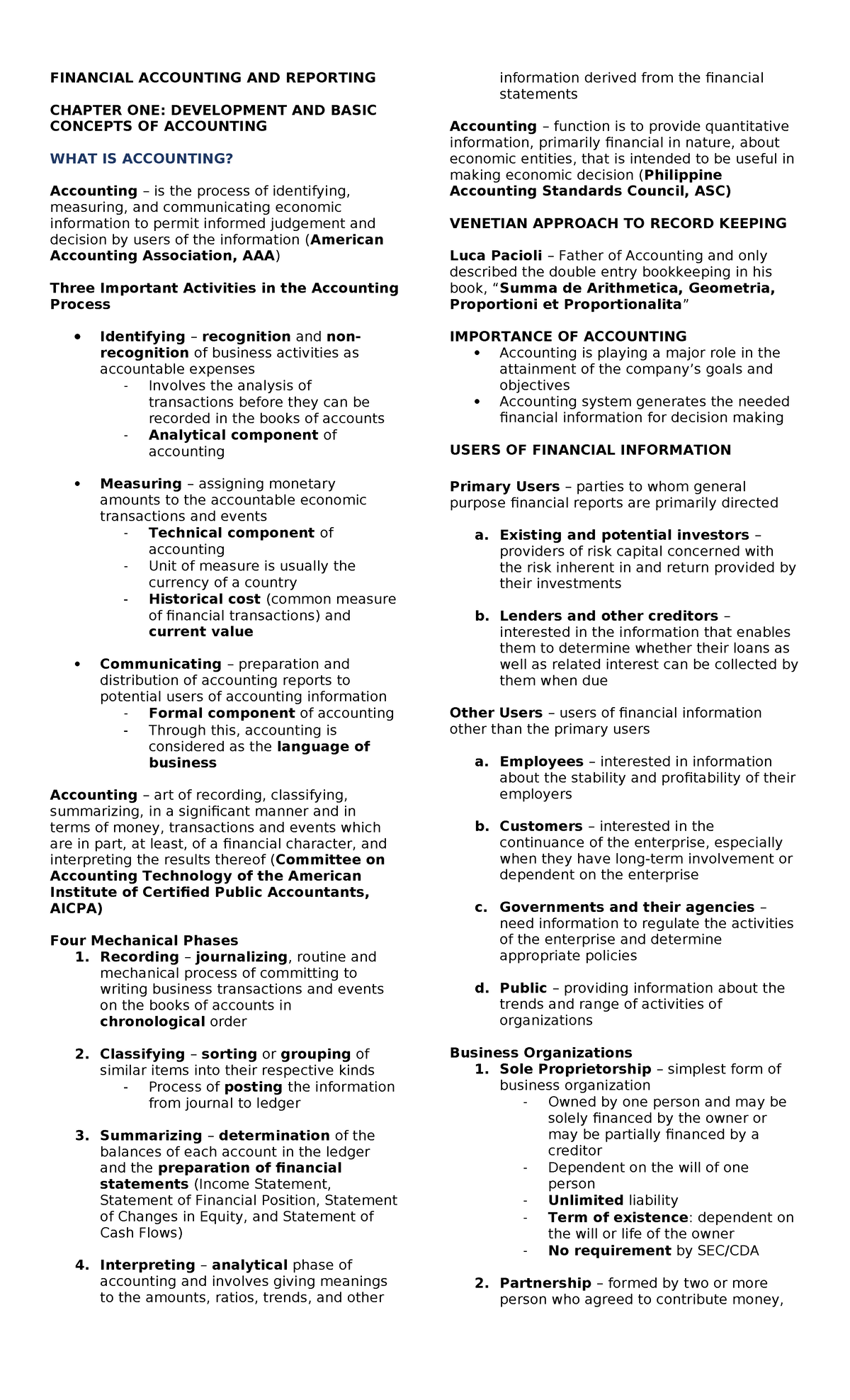 FIN 101: Financial Accounting & Reporting - Chapter 1 Overview - Studocu