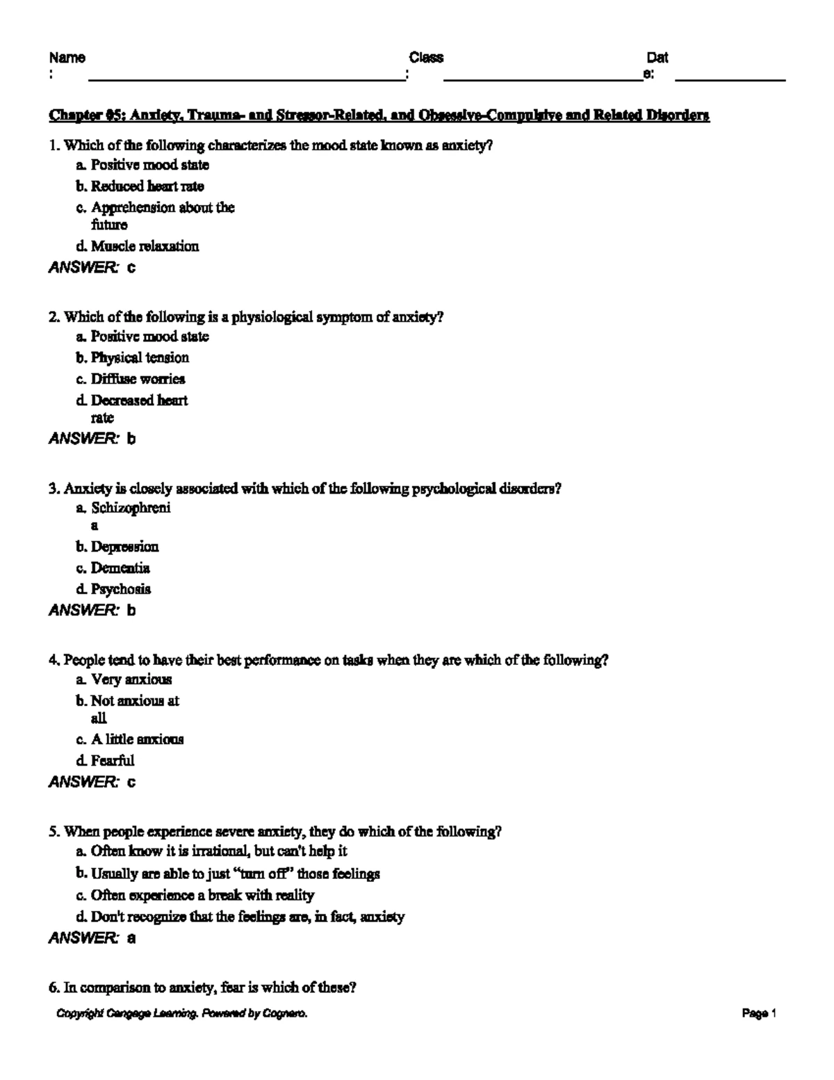 Quiz 3: Anxiety Disorders & Fear - Key Concepts and Treatments - Studocu