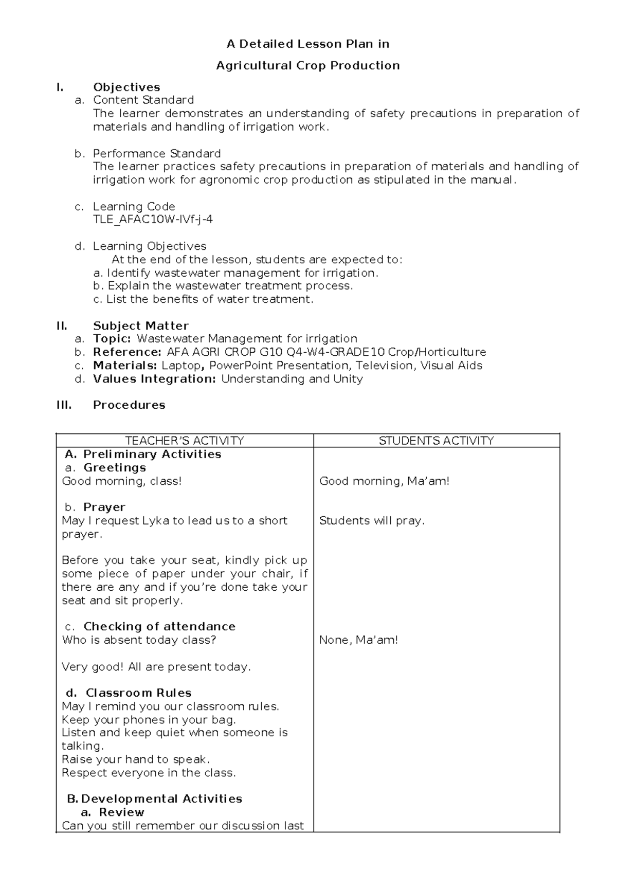 ACP-DLP Q4: Lesson Plan on Wastewater Management for Irrigation - Studocu