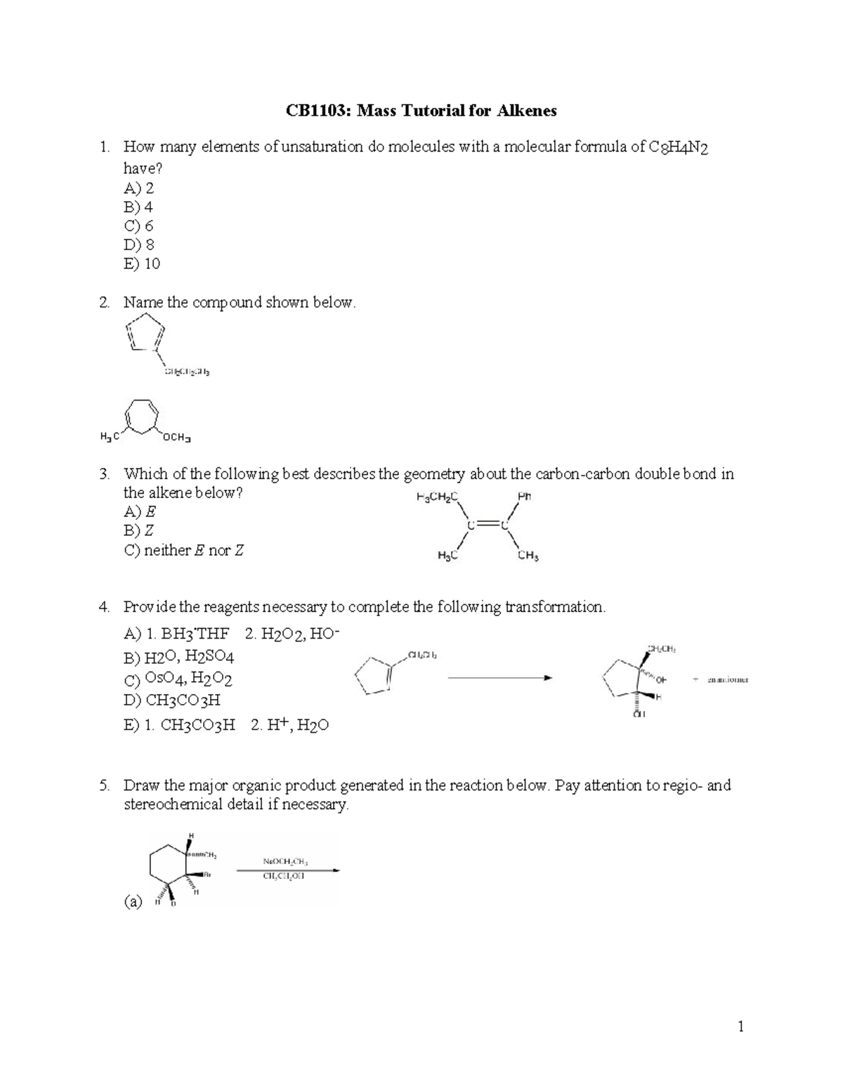 CH2102 Tutorial 5 - CB1103: Mass Tutorial for Alkenes How many elements ...