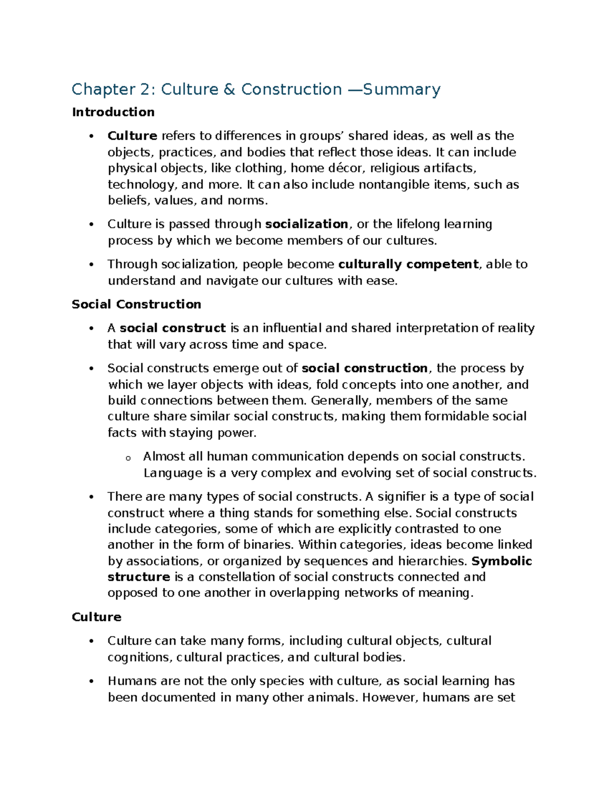Sociology 101: Chapter 2 Summary - Culture & Social Construction - Studocu