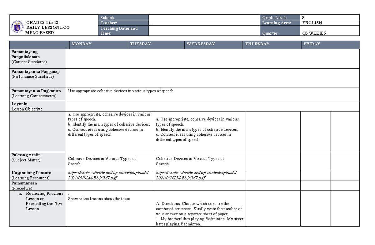 English 8 DLL MELC - GRADES 1 to 12 DAILY LESSON LOG MELC BASED School ...