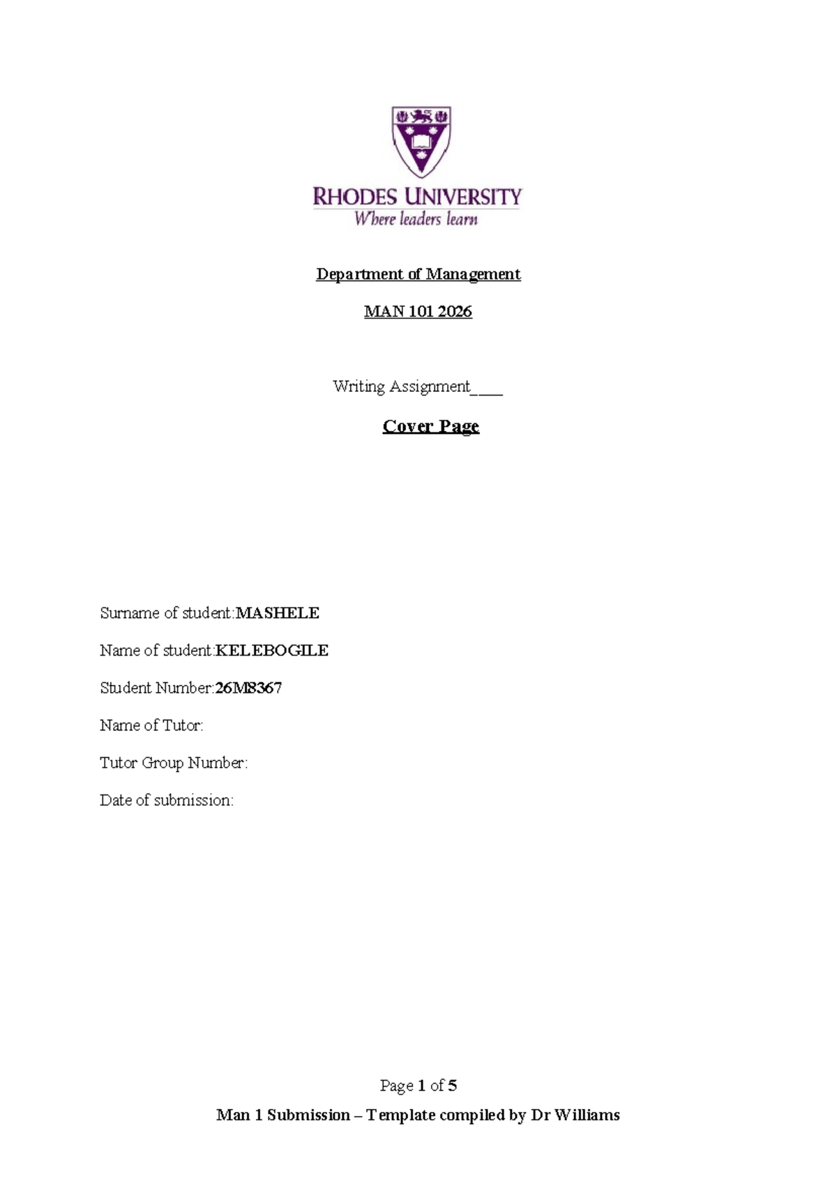 Writing Assignment Submission Template G26W1234 Dr. Williams - Studocu