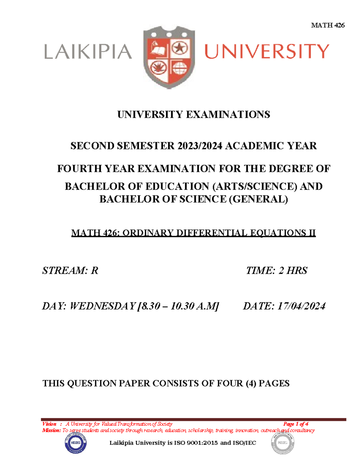 MATH 426 Final Exam: Ordinary Differential Equations II - Studocu