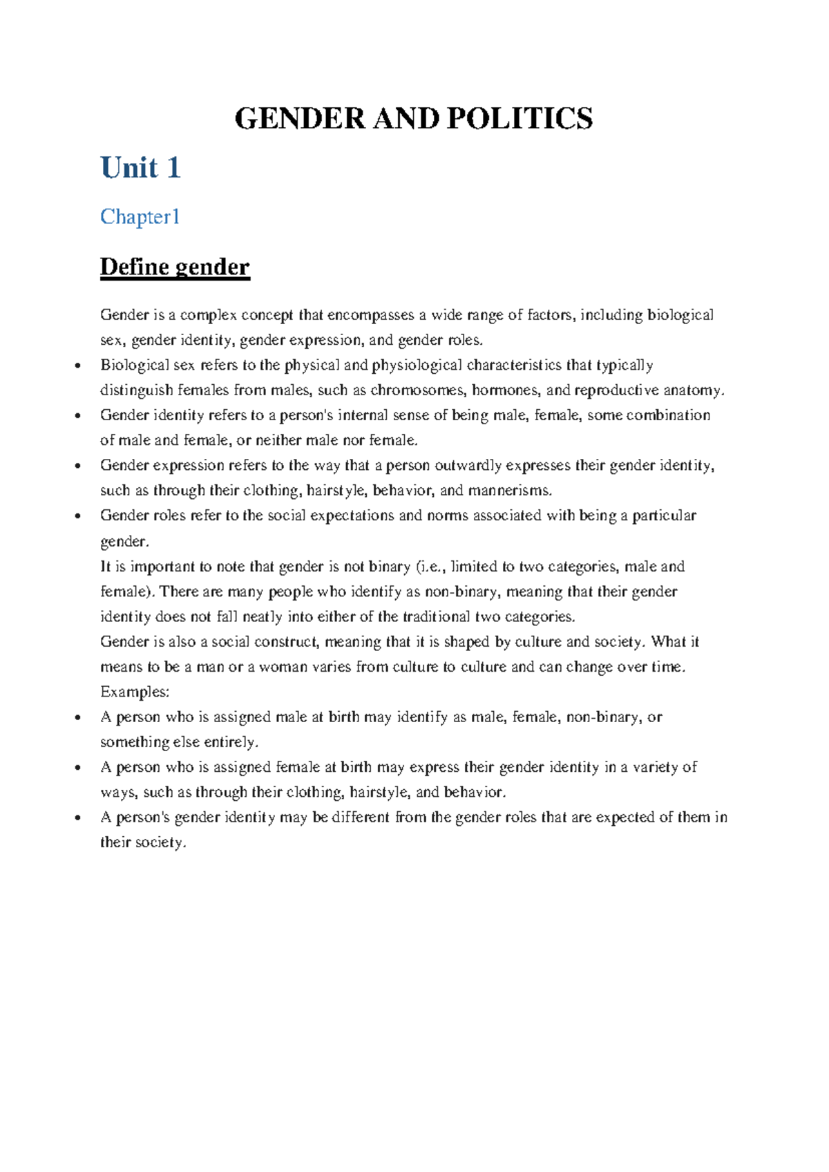 Gender and Politics: Unit 1 Overview and Key Concepts PDF - Studocu