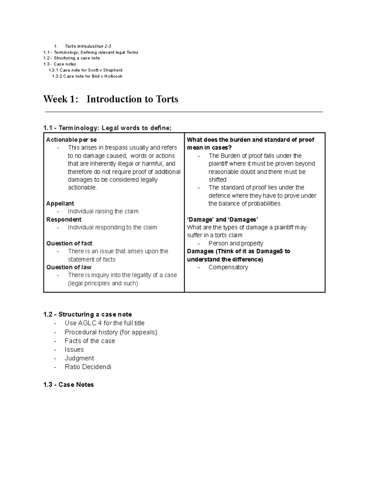 Torts Week 1 Notes - 1. Torts Introduction 2- 1 - Terminology; Defining ...