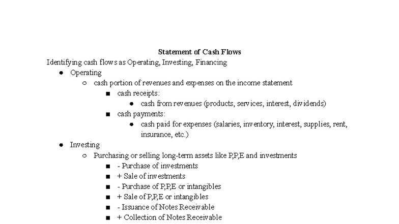 Exam 1 Cheat Sheet: Statement of Cash Flows Overview - Studocu