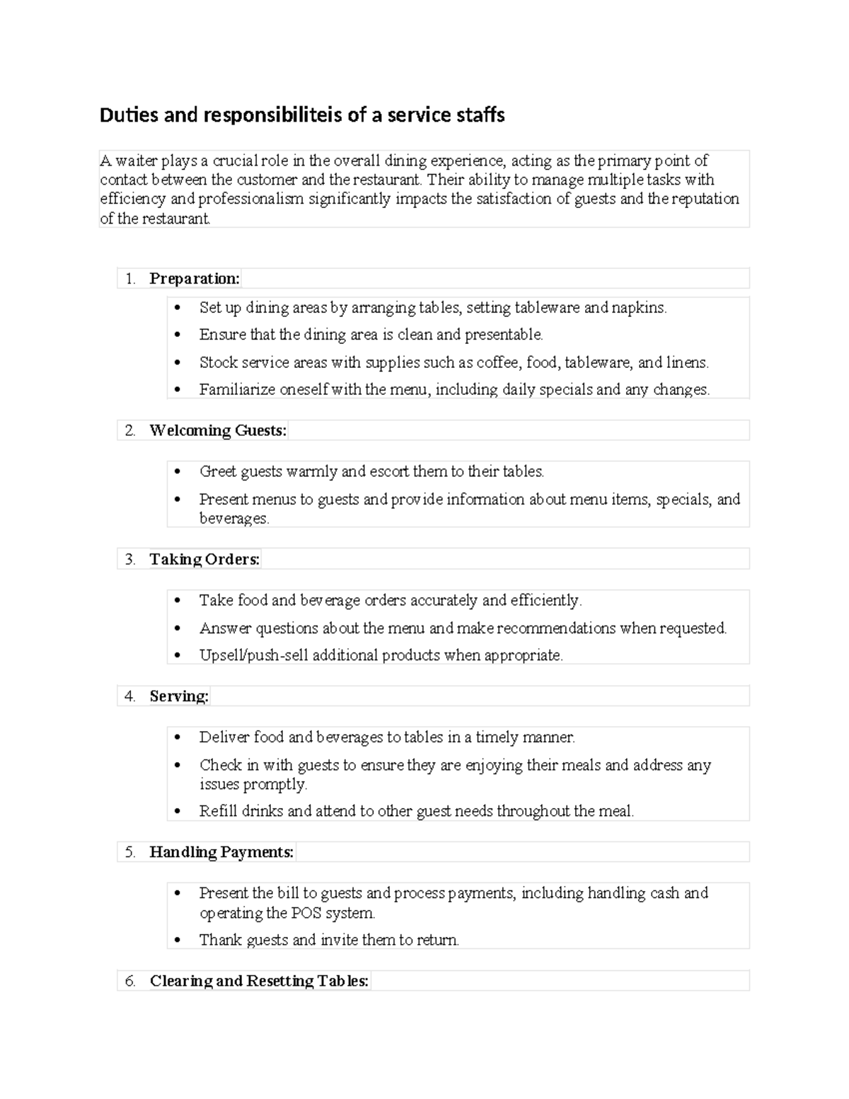 What Are The Duties Roles And Responsibilities Of Each Service Staff Role