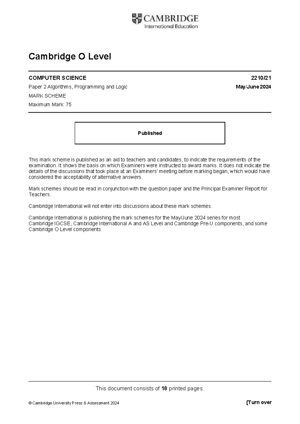 Cambridge O Level COMPUTER SCIENCE Paper 2 Mark Scheme 2024 - Studocu