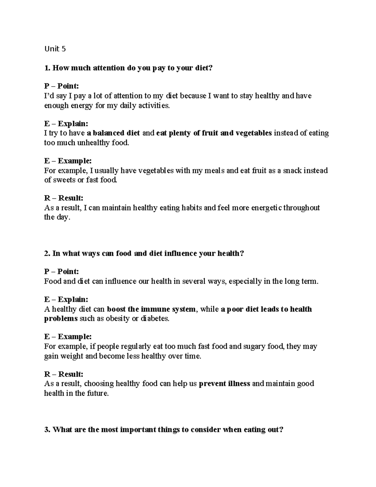 Unit 5 - Speaking Exercise on Diet and Health - Studocu
