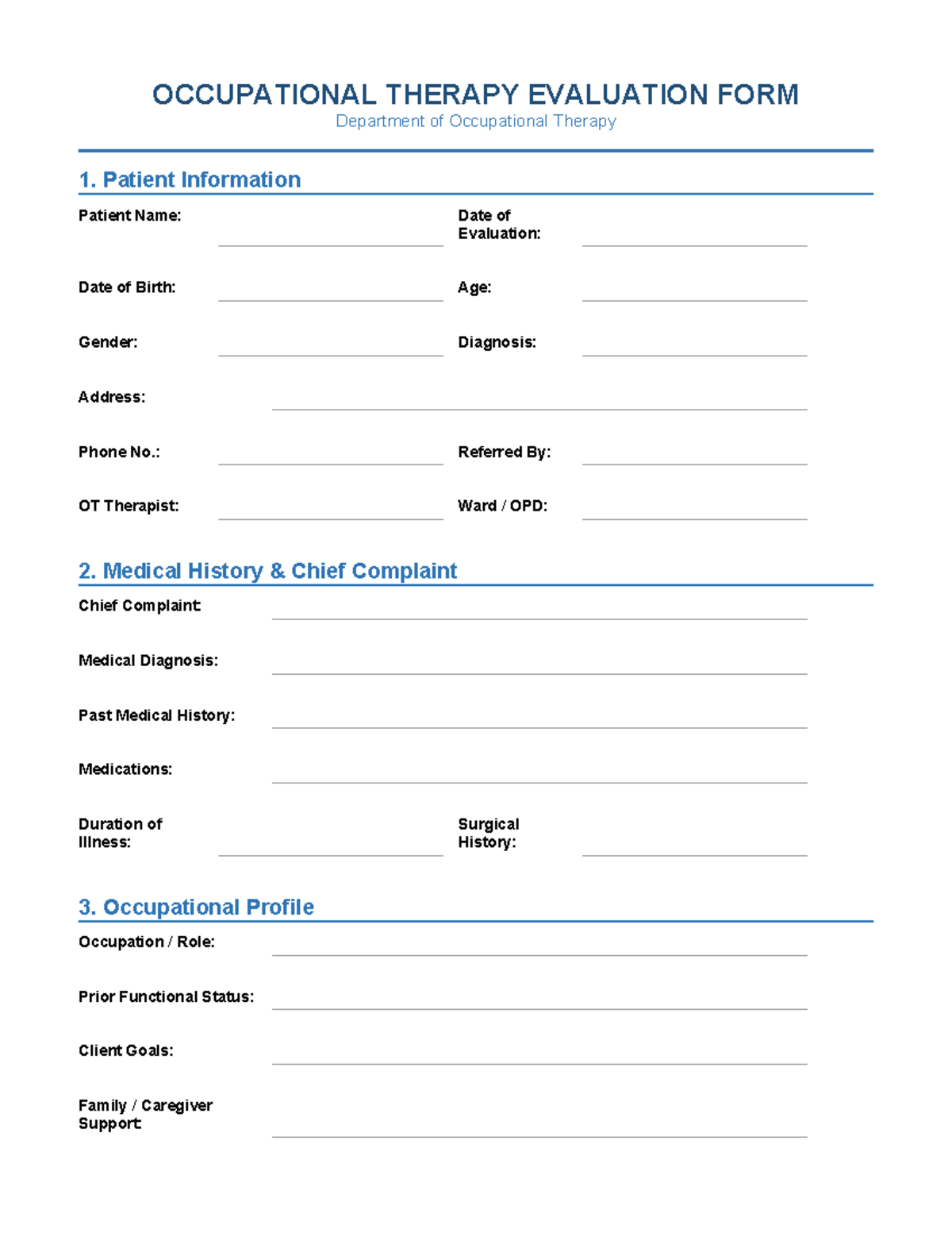 OT Evaluation Form - OCCUPATIONAL THERAPY Assessment - Studocu