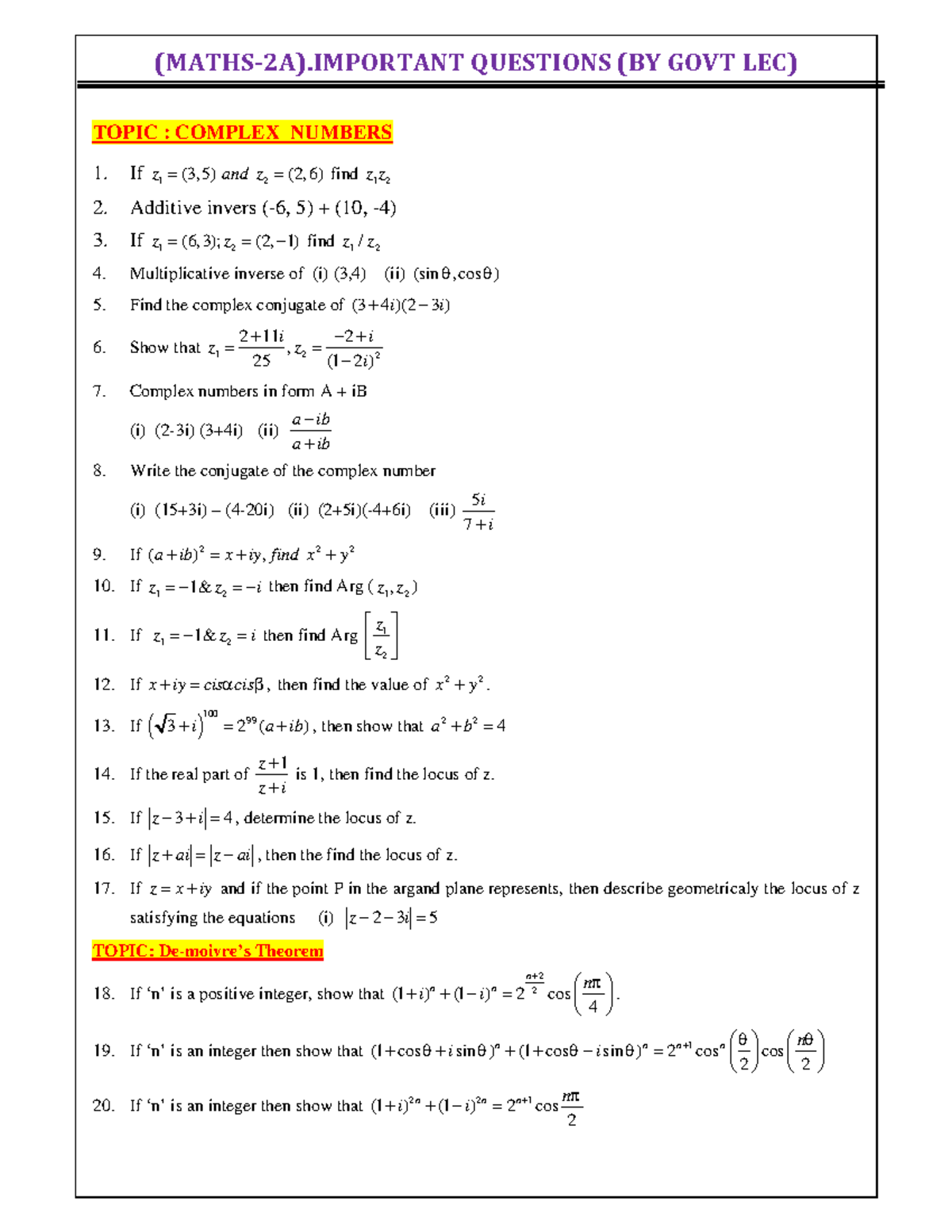Maths-2A: Important Questions on Complex Numbers and Quadratic ...