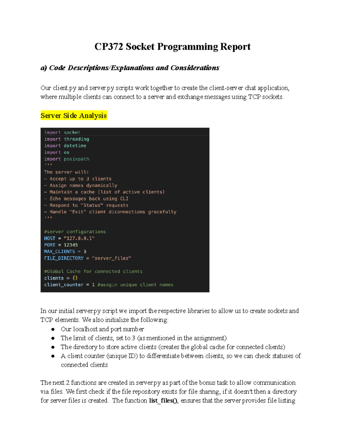CP372 Socket Programming Report: Client-Server Chat App Analysis - Studocu