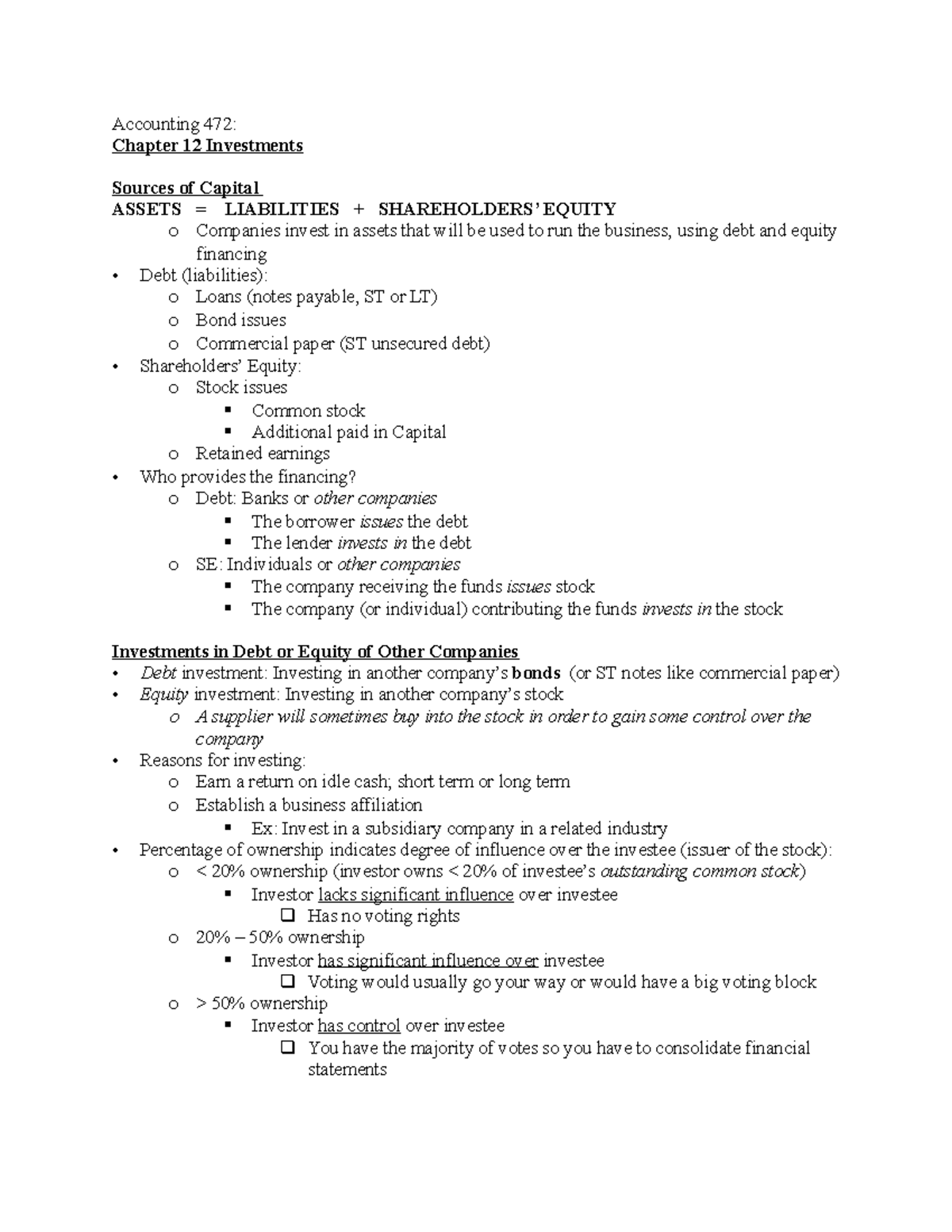 ACCTG 472 Ch 12: Detailed Overview of Investments in Debt & Equity ...