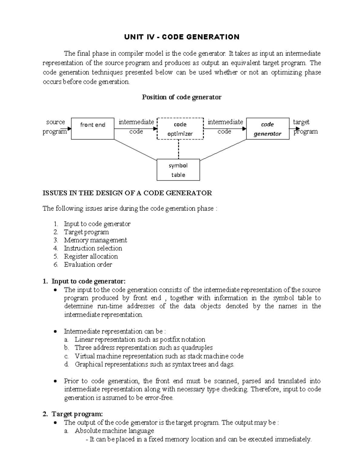 CS2352 Compiler Design Lecture Notes: Unit IV - Code Generation - Studocu