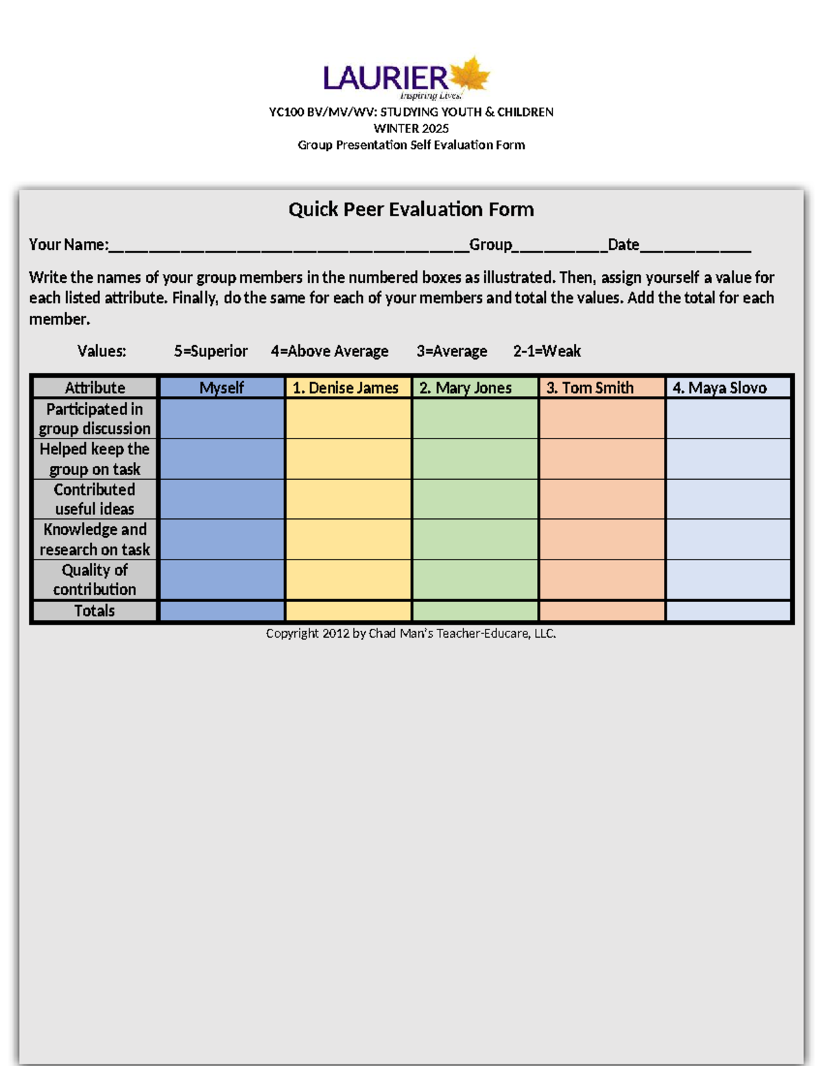 Group Presentation Peer Evaluation - YC100 BV/MV/WV: STUDYING YOUTH ...