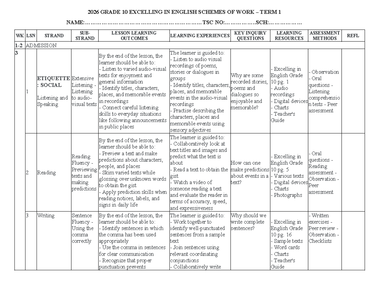 2026 Grade 10 Excelling in English Term 1 Schemes of Work - Studocu