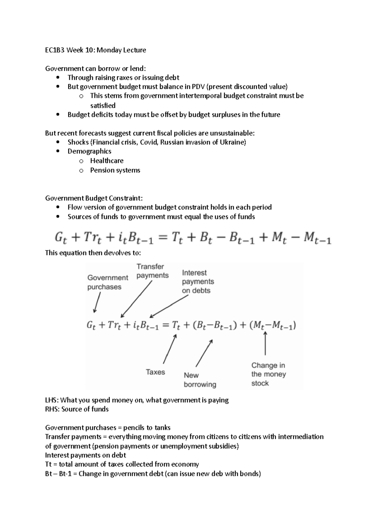 EC1B3 Week 10 Lecture Notes on Government Budget Constraints - Studocu