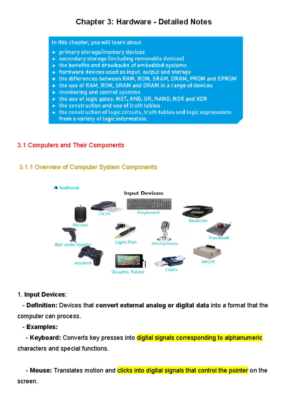 Ch 3 Notes - goos - Chapter 3: Hardware - Detailed Notes 3 Computers ...