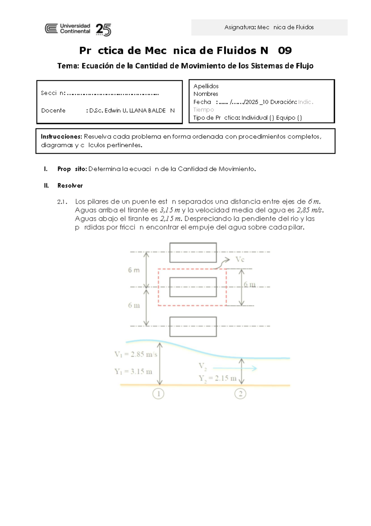 Mecánica de Fluidos - Práctica 09: Ecuación de Cantidad de Movimiento - Document Preview