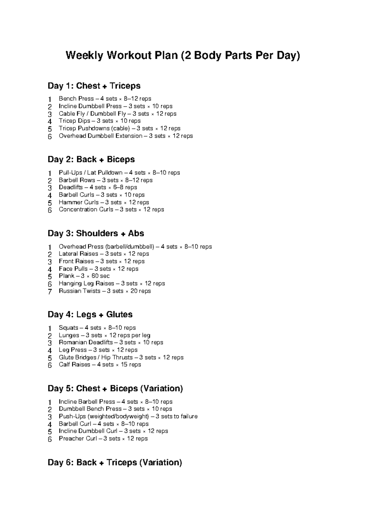 Weekly Workout Plan: 2 Body Parts/Day - Notes - Studocu